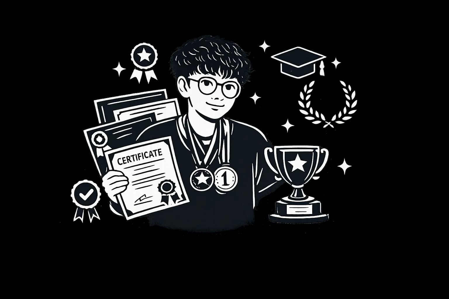 Black-and-white illustration of a student holding a certificate