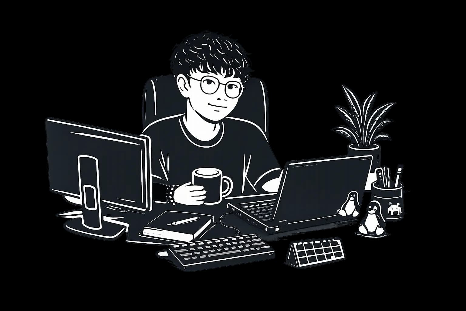 Black-and-white illustration of a cybersecurity student working at a desk