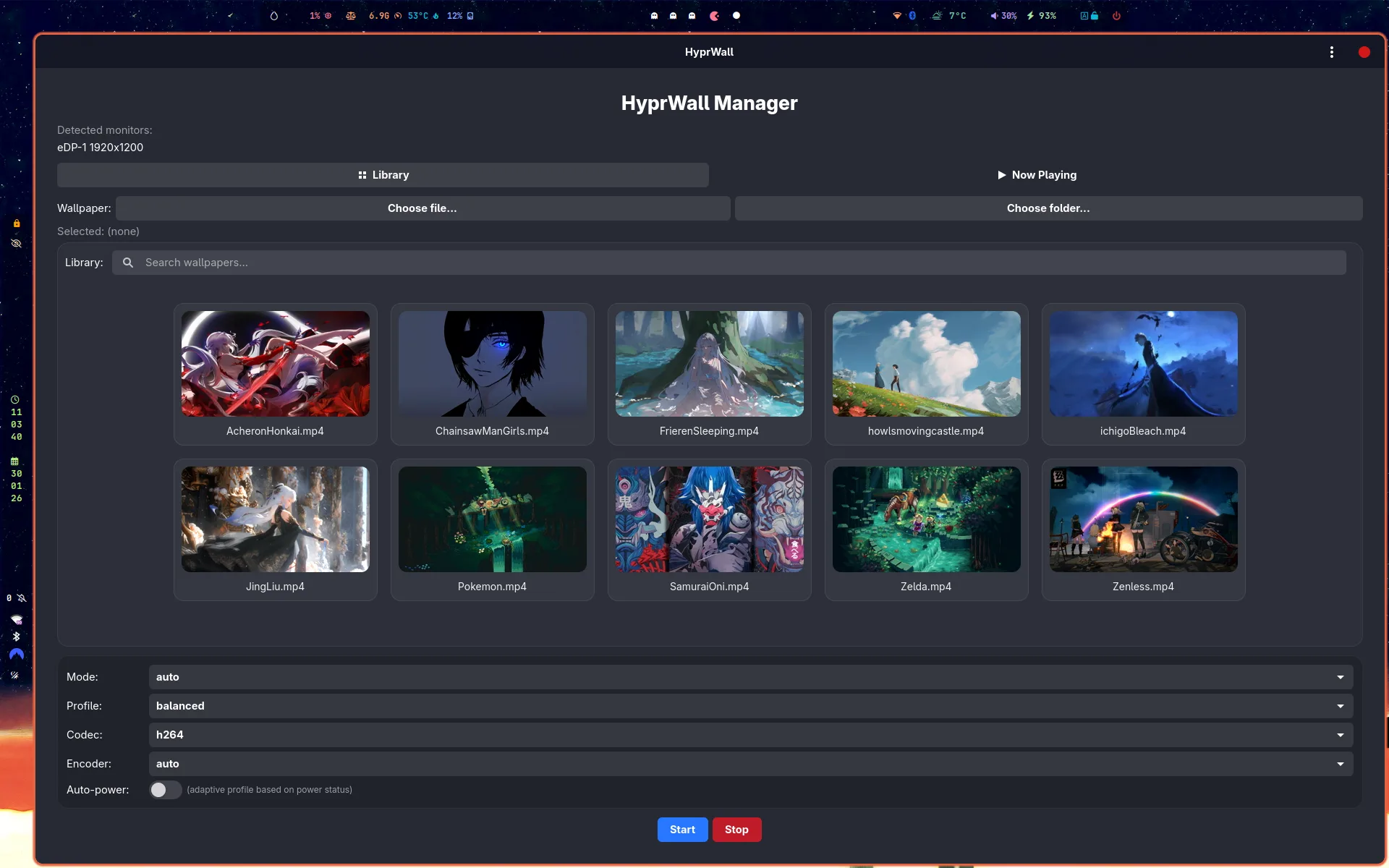 HyprWall GTK4 library interface on a Hyprland desktop
